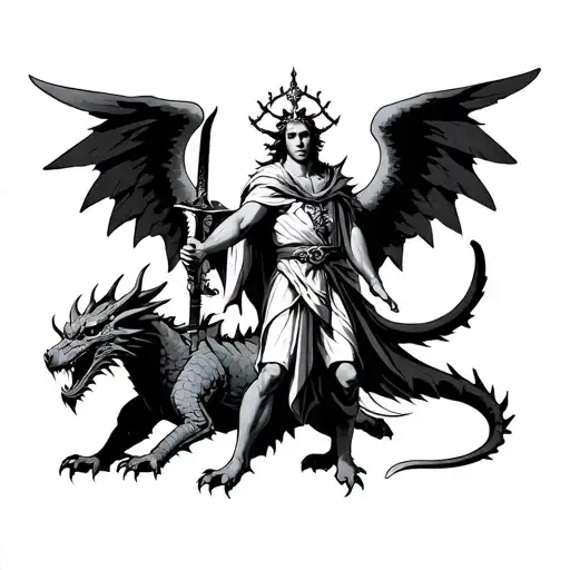 Archangel With His Sword Slaying A Seven-headed Dragon Dressed In A Diadem And With 10 Horns In All