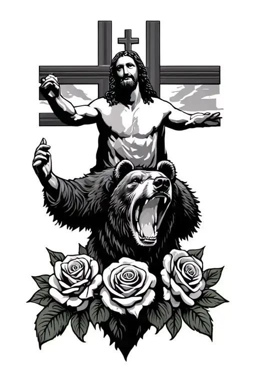 Jesus Christ Above A Bear Roaring And Roses Incorporated