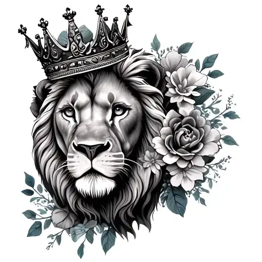 Realistic Lion Wearing A Crown With A Third Eye And Flowers Across The Bottom