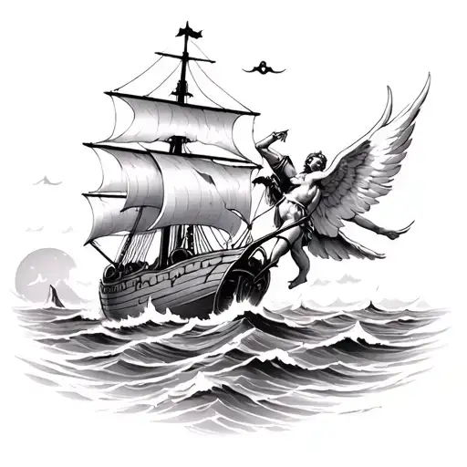 Caravel Fighting In Sea Againts Evil With Angel On The Other Side