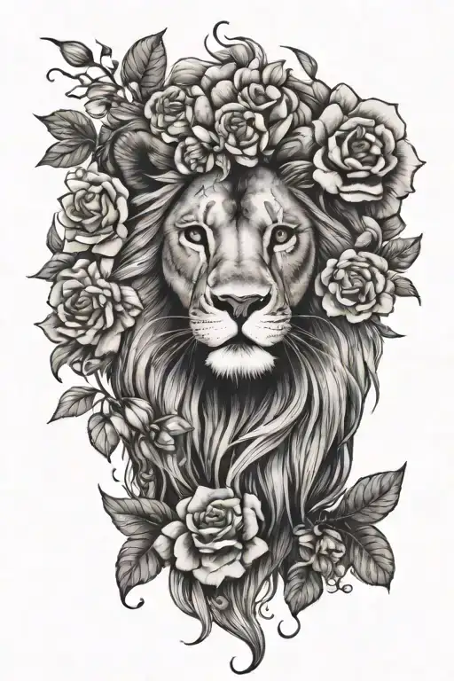 Feminine Lion Tattoo With Flowers Surrounding It