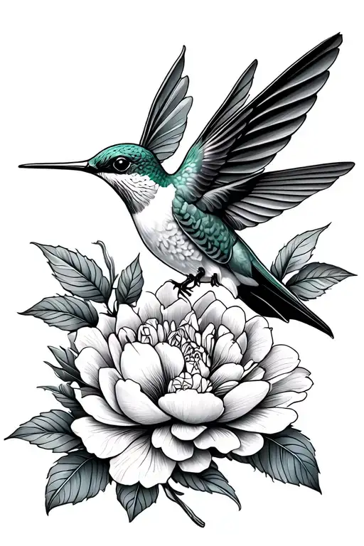 Hummingbird With Peony Flower Fine Line