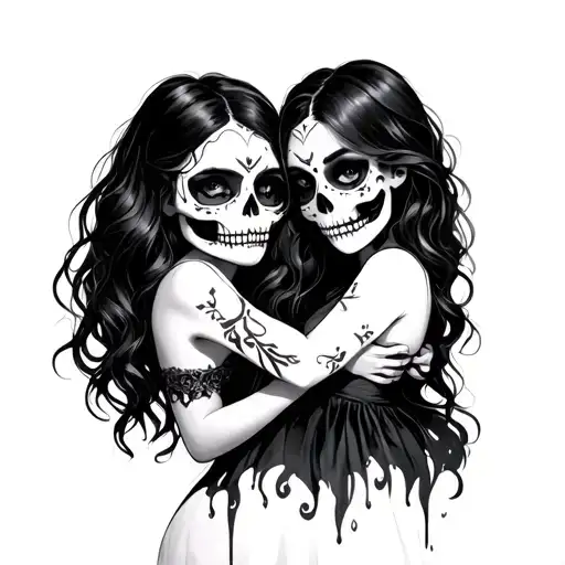 Girls Hugging In Candy Skull Paint
