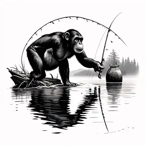 Chimpanzee Fishing On A Lake
