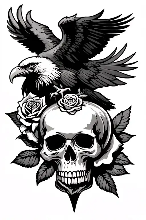Dagger And Rose With Small Skull On Bottom Bald Eagle On Top With Wings