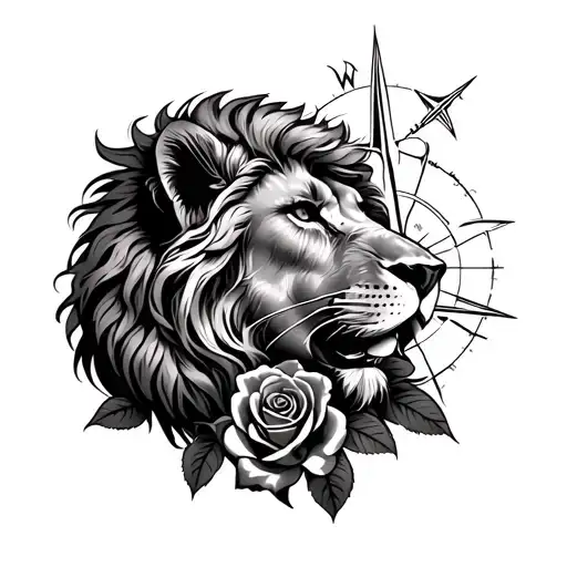 Lion Compass And Roses In Shoulder