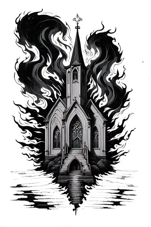 Blackwork Burning Church With Black Fire Rising