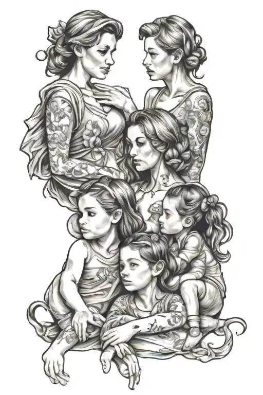 Mom With 3 Girls Sitting