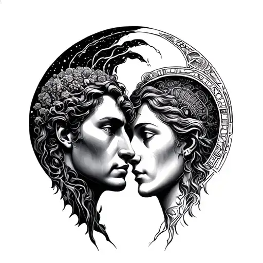 Waterfall And Zodiac Heads Half Touching Each Other