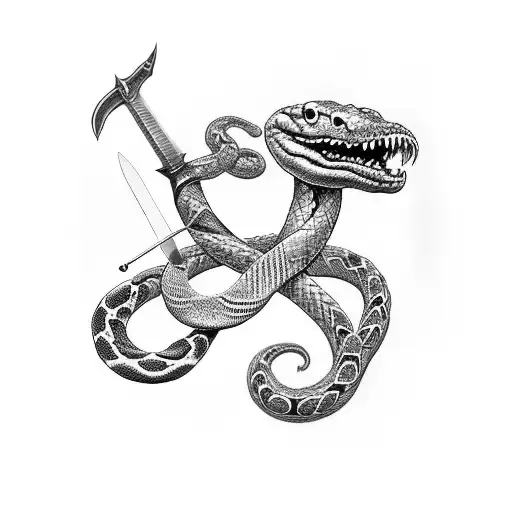 A Black-grey Design Of A Sword Piercing Through A Snake