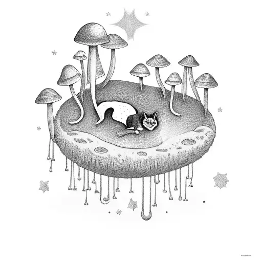 A Surreal Landscape Of A Cat Lounging On A Bed Of Glowing Mushrooms Under A Starry Sky