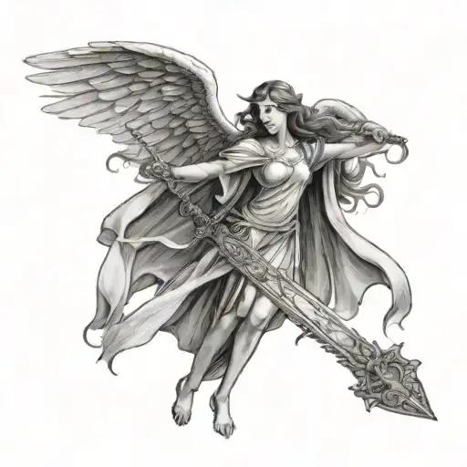Female Angel In Flowing Robes Holding A Sword