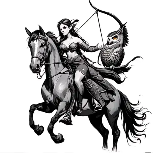 Female Elf Sagittarius Archer Riding Horse With Owl