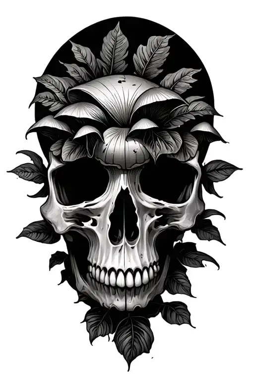 Broken Skull With Mushrooms Growing Out Surrounded By Monstera Leaves