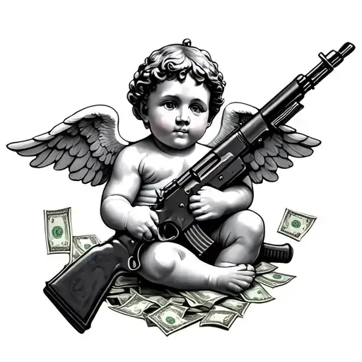Cherub Holding Ak 47 Surrounded By Money