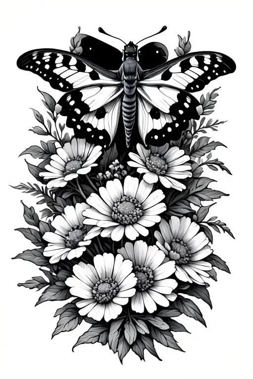 Cosmos Marigold Flowers And Lunar Moth Perched Atop A Pile