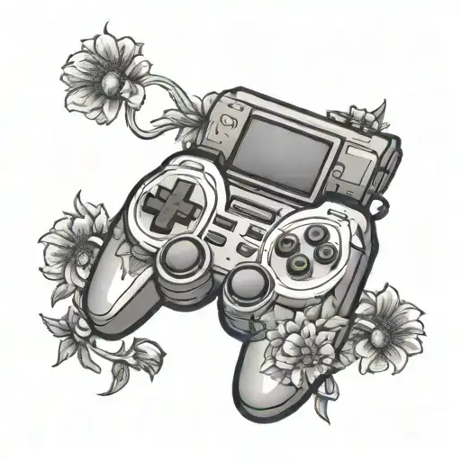 An Intricate Black And Grey Tattoo Of A Gaming Console With Aster Flowers Intertwined In The Design