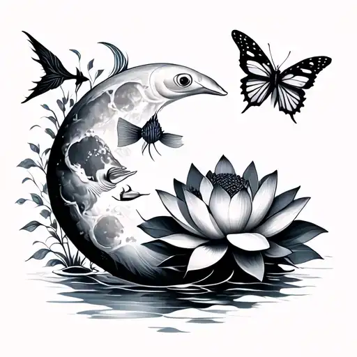 Moon And Butterfly And Lotus And Fish