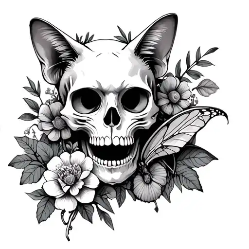 Cat Skull Surrounded By Flowers And A Luna Moth And Death Moth
