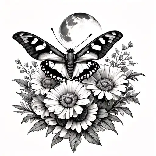 Cosmos Marigold Flowers And Lunar Moth Perched Atop A Pile