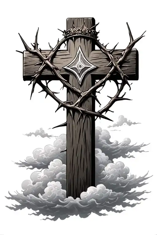 Wooden Cross With Crown Of Thorns And Clouds Above
