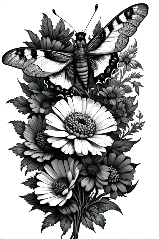 Cosmos Marigold Flowers And Lunar Moth Perched Ontop