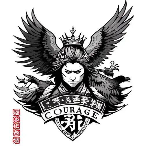 Samura Warrior And Ninja And Eagle And Crown And Japanese Words Of Courage
