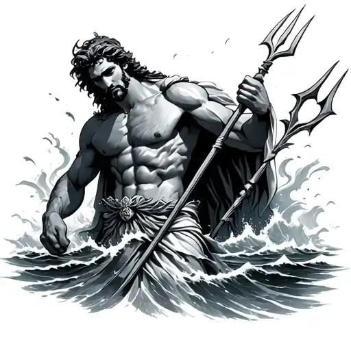 Poseidon Holding A Trident Bursting Through Ocean