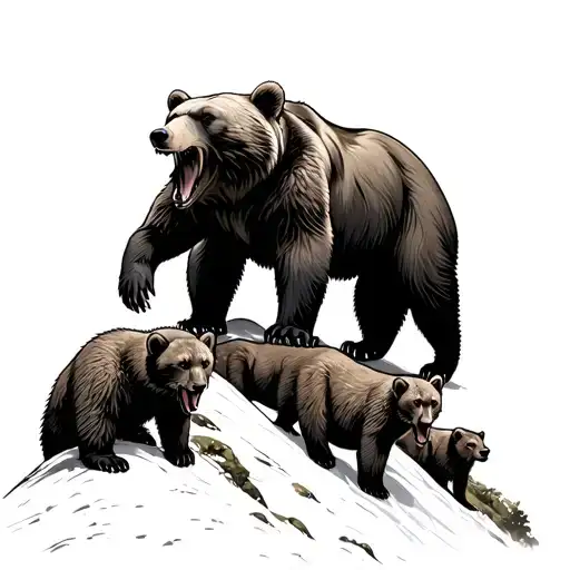 Bear Standing On Mountain Growling Cubs Below Her