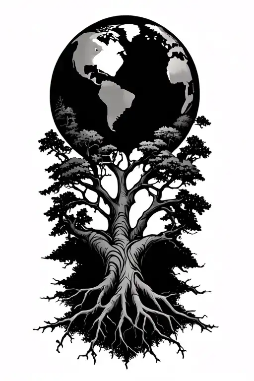 Tree With No Leaves And The World On Top And Heart Roots Reaching Deep