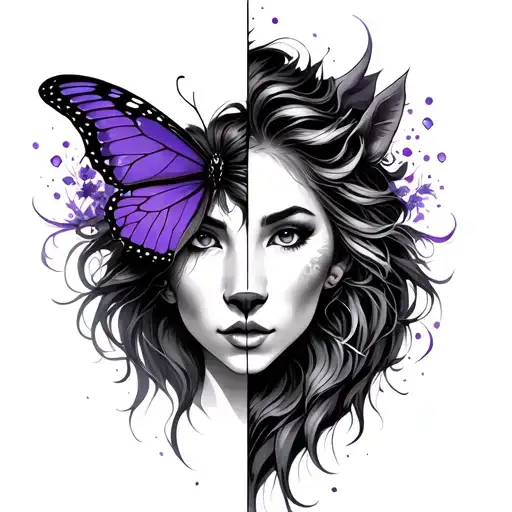 Women Face In Half Sleeve With Purple Butterfly With Lion Warrior And Strength