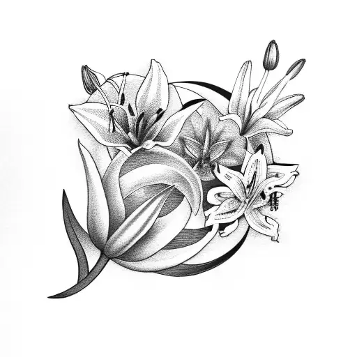 A Garden Scene With Lilies And A Crescent Moon In The Background