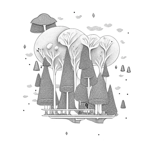 A Ufo Hovering Over A Forest Filled With Mushrooms And Cats