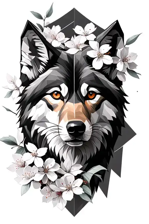 Origami Style Wolf And Realistic Cherry Blossoms
