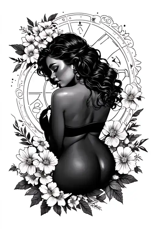 Fine Line Flowers Surrounding Pin Up Style Girl Bent Over Virgo Zodiac Symbol