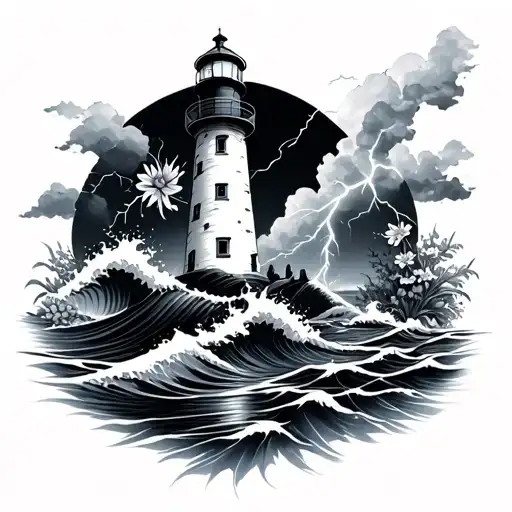 Lighthouse With Lightning And Crashing Waves And Flowers