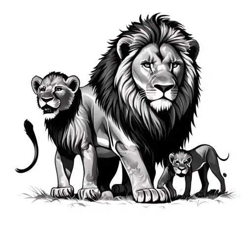 Male Lion And 2 Cubs Playing