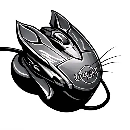 A Viking Inspired Black And White Tattoo Of A Computer Mouse With The Name Gazer