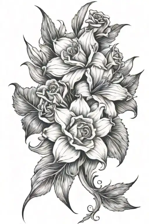 Gladiolus With Daffodil And A Red Rose Intertwined