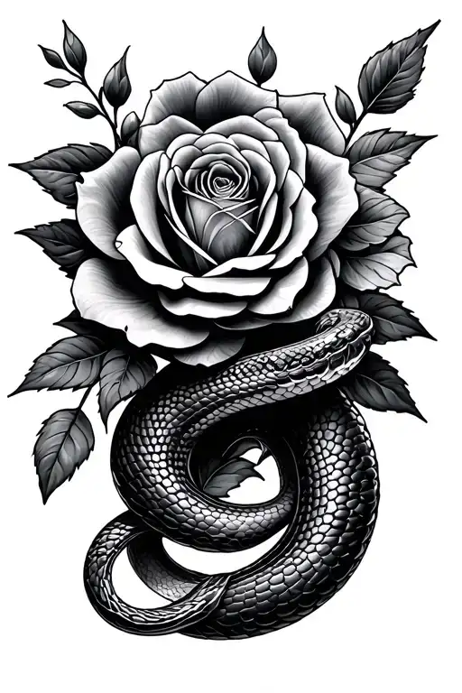 A Snake Intertwined With Roses Blooming