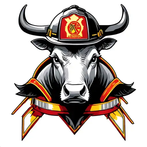 Bull With Firefighter Helmet