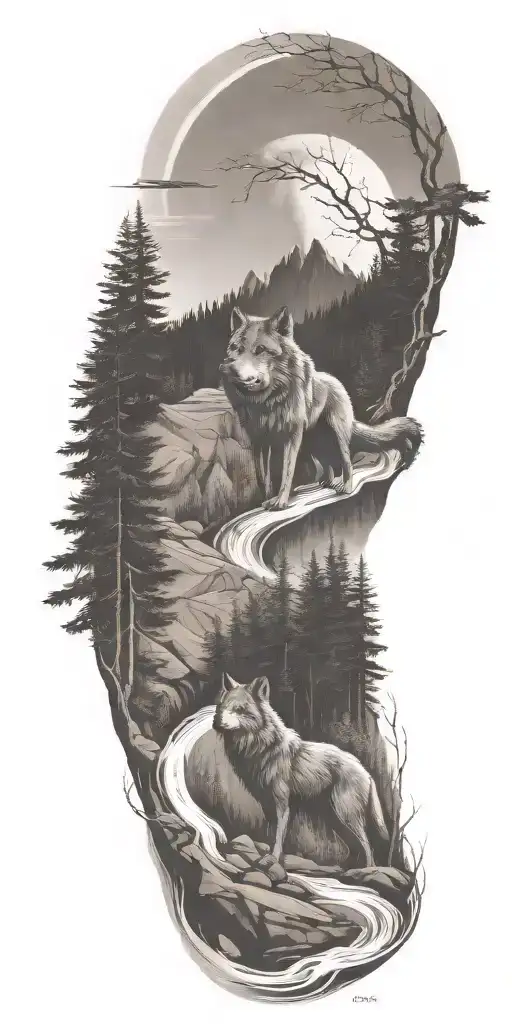 A River Winding Through A Forest Leading To Mountains With Wolf