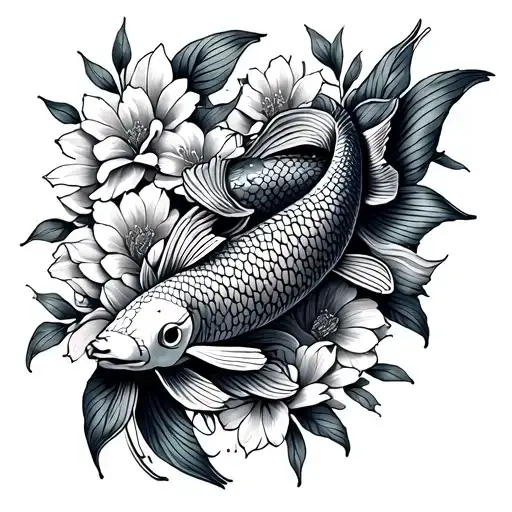 Koi Fish And Snake Swimming In Flowers