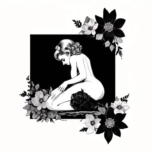 Fine Line Flowers Surrounding Pin Up Style Girl Bent Over