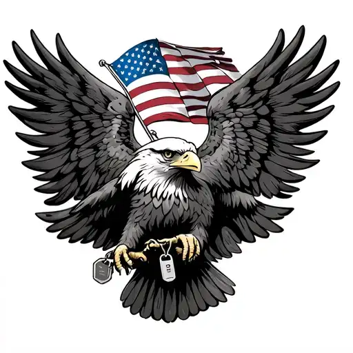 Bald Eagle Wings Spread Wide Holding An American Flag And Dog Tags