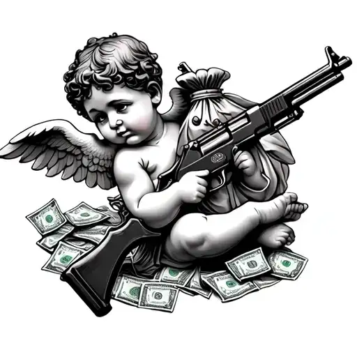 Cherub Holding Ak 47 Surrounded By Money Bag