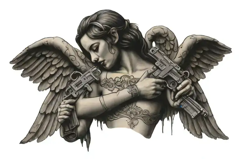 Cement Angel With Wings And Guns Tramp Stamp