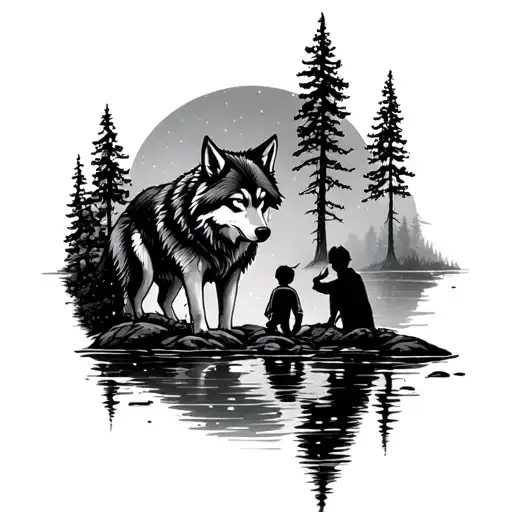 Wolf With Lost Boy In Trees Next To Water
