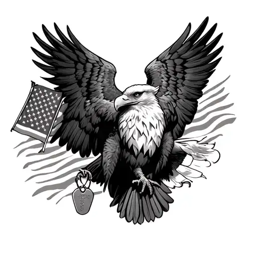 Bald Eagle Wings Spread Wide Holding An American Flag And Dog Tags