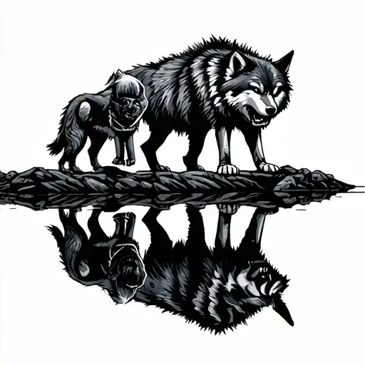 Wolf Cub Standing Next To Man Looking At Reflection Of Small Boy Next To Big Angry Wolf